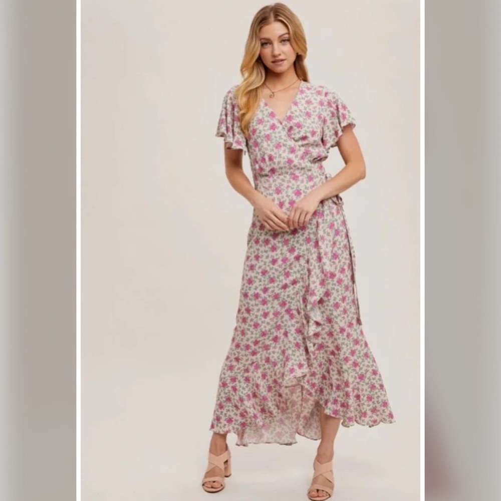 Floral Print Ruffled Hem Maxi Wrap Dress